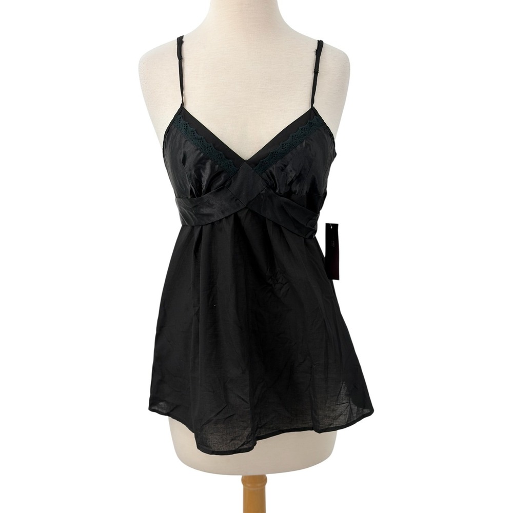 Prevoir Womens Black Satin Trim Babydoll Camisole Top Lace V-Neck Size Medium